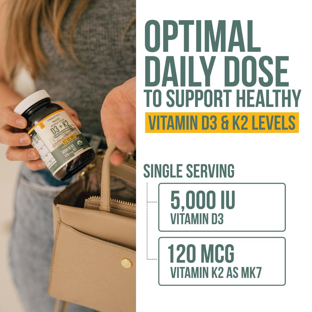 Organic Plant D3 + K2 | 5000 iu D3 + 120 mcg K2 as All-Trans MK7 from MenaQ7® - 100% Whole Food, Raw & Vegan | Enhanced Digestion with Prebiotic - FENGGESTORE20