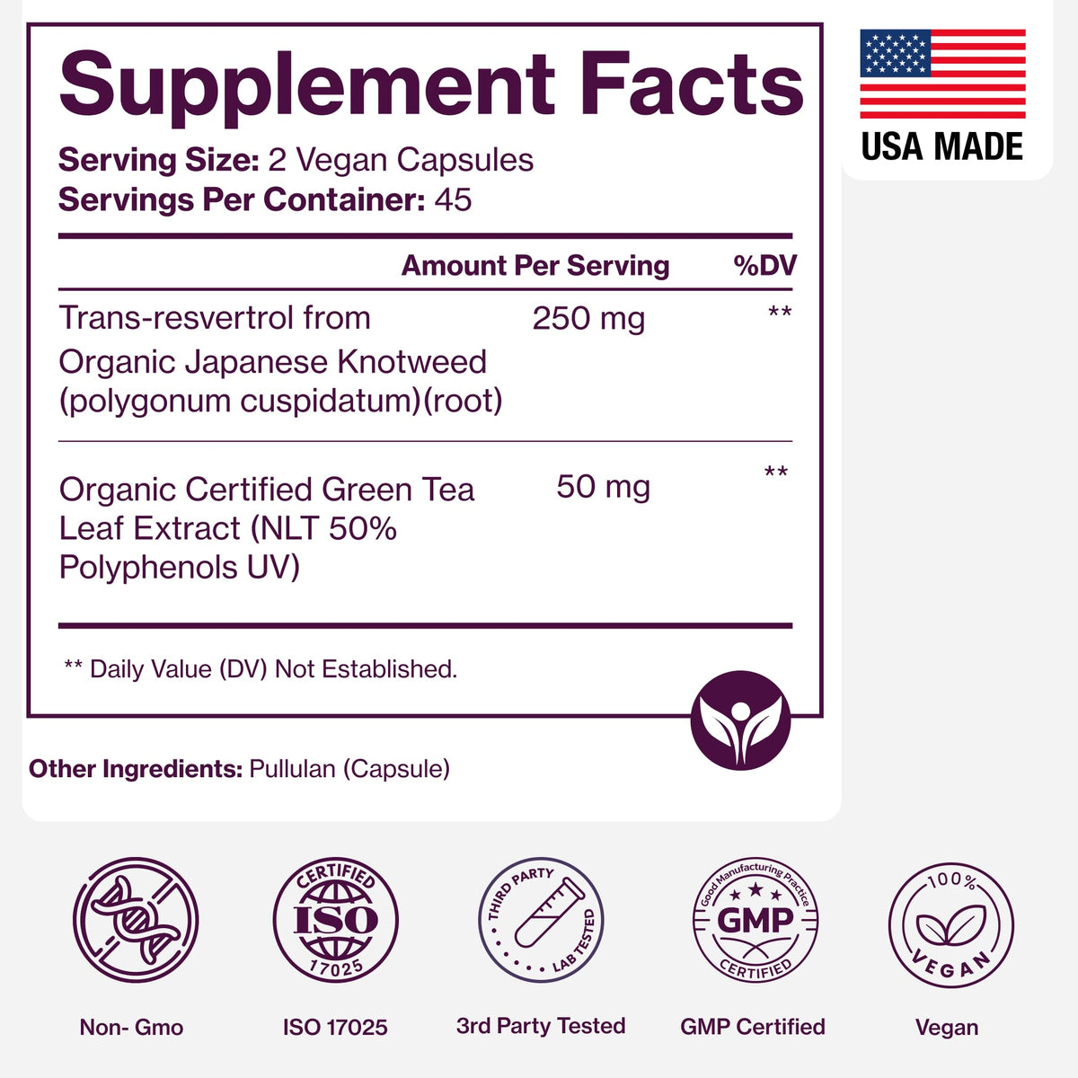 Organic Resveratrol Supplement – Trans-Resveratrol Capsules with Green Tea – Highly Purified & Bioavailable - FENGGESTORE20