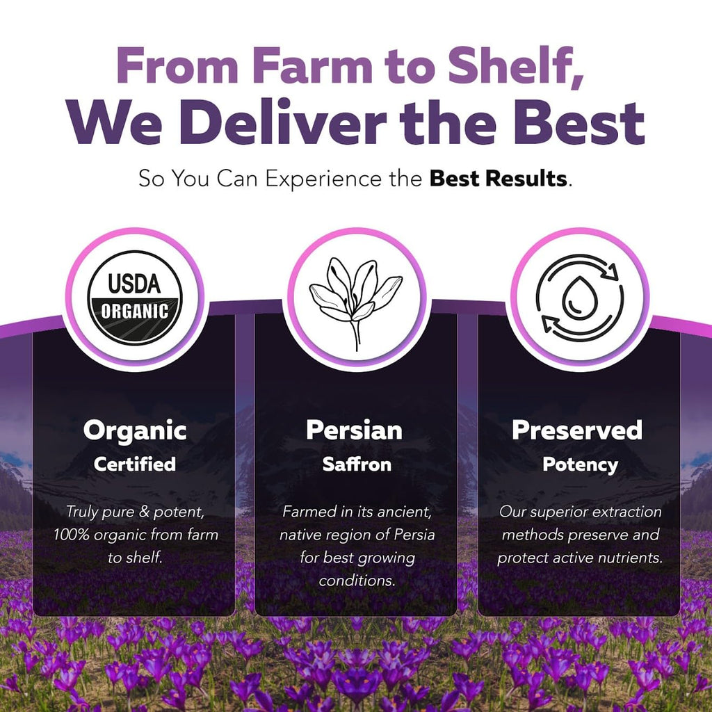 Organic Saffron Extract: Optimized Extract with Safromotivines, Safranal, and Crocins – Clinically Studied | Premium Persian Sargol Quality | Supports Mood, - FENGGESTORE20