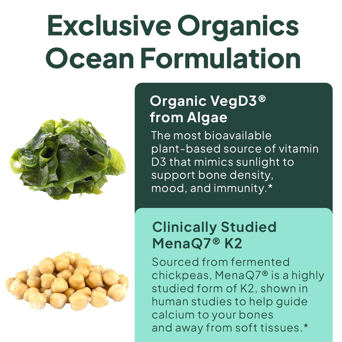 Organics Ocean Better D3 + K2-100% Organic VIT D3 and K2 Supplements with Maximum Bioavailability - Supports Bone Density, Calcium Balance - FENGGESTORE20