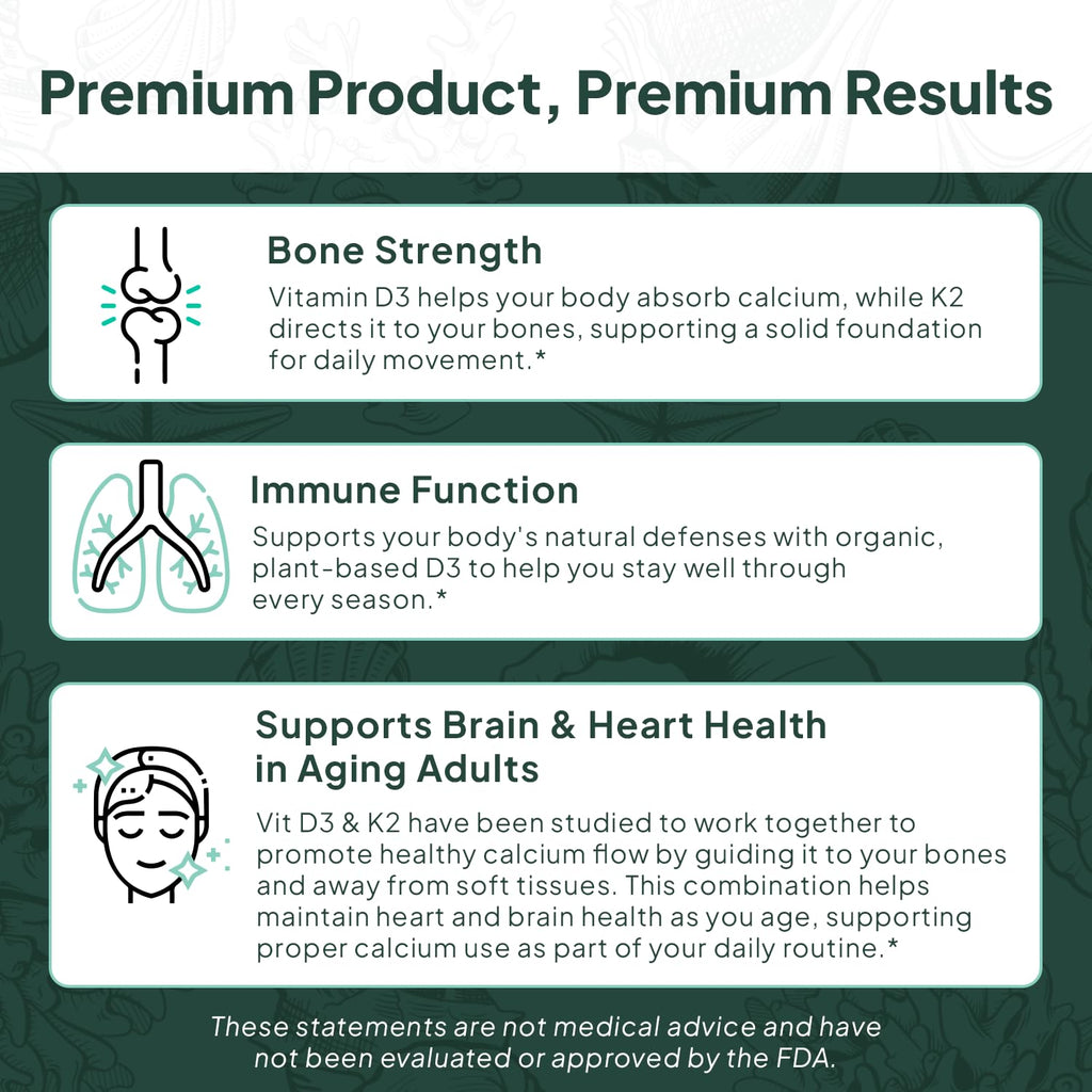 Organics Ocean Better D3 + K2-100% Organic VIT D3 and K2 Supplements with Maximum Bioavailability - Supports Bone Density, Calcium Balance - FENGGESTORE20