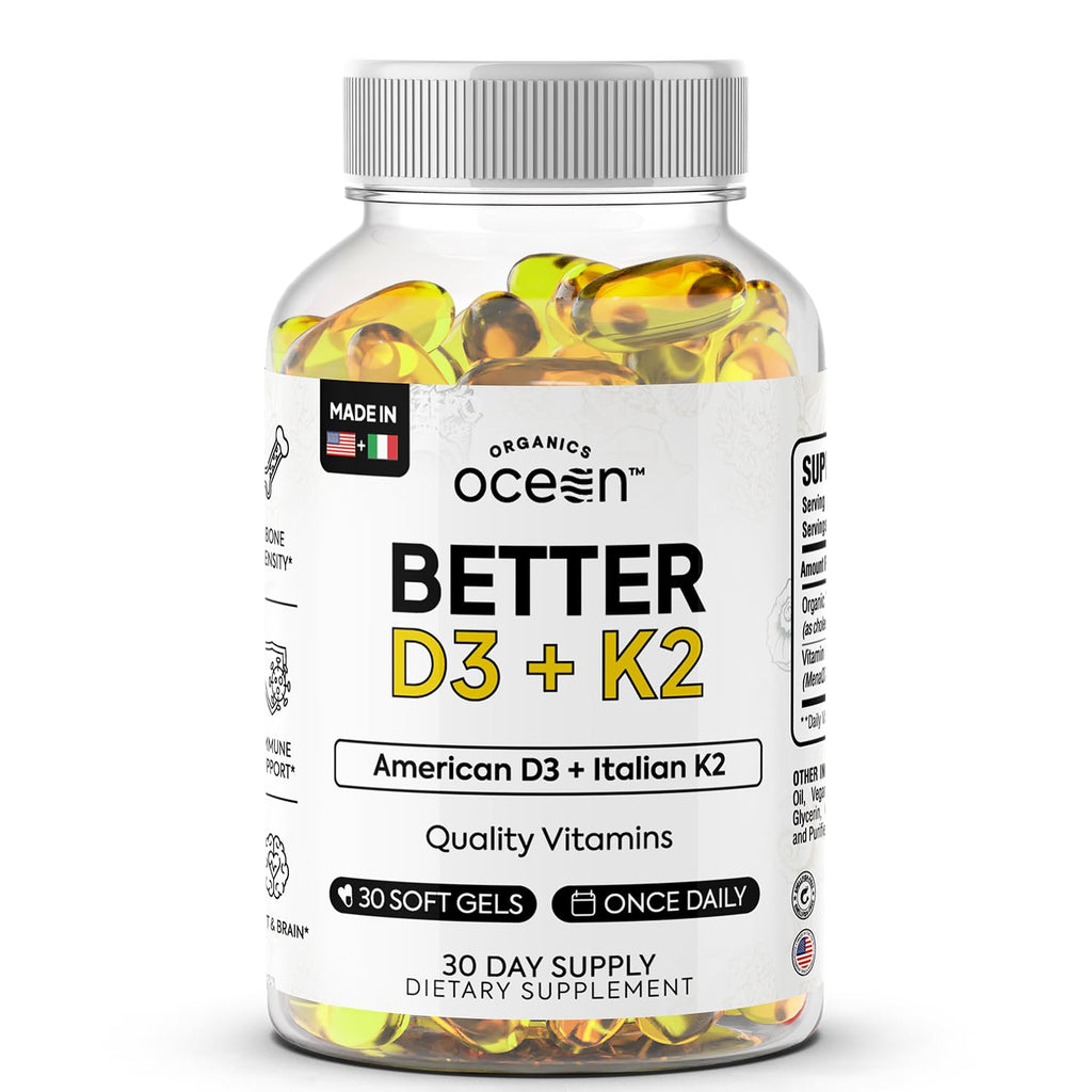 Organics Ocean Better D3 + K2-100% Organic VIT D3 and K2 Supplements with Maximum Bioavailability - Supports Bone Density, Calcium Balance - FENGGESTORE20
