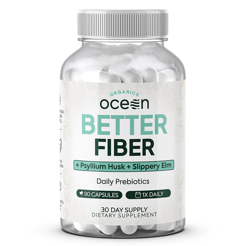 Organics Ocean Better Fiber - Daily Fiber Supplement - Soften Stool for Effortless Bowel Movements - with Psyllium Hulk and Slippery Elm - 90 Capsules - FENGGESTORE20