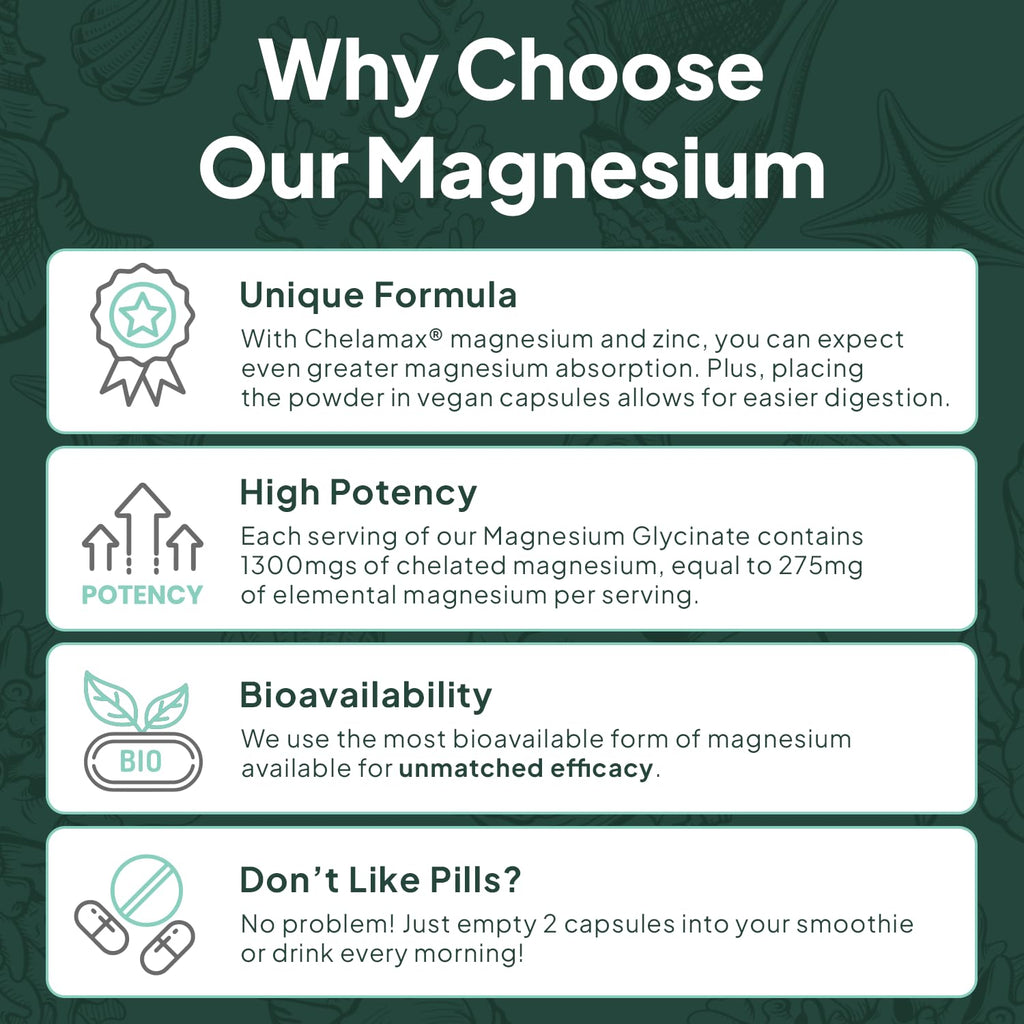 Organics Ocean Pure Magnesium Glycinate with Zinc - Maximum Strength Chelated Magnesium Supplement for Women and Men - FENGGESTORE20