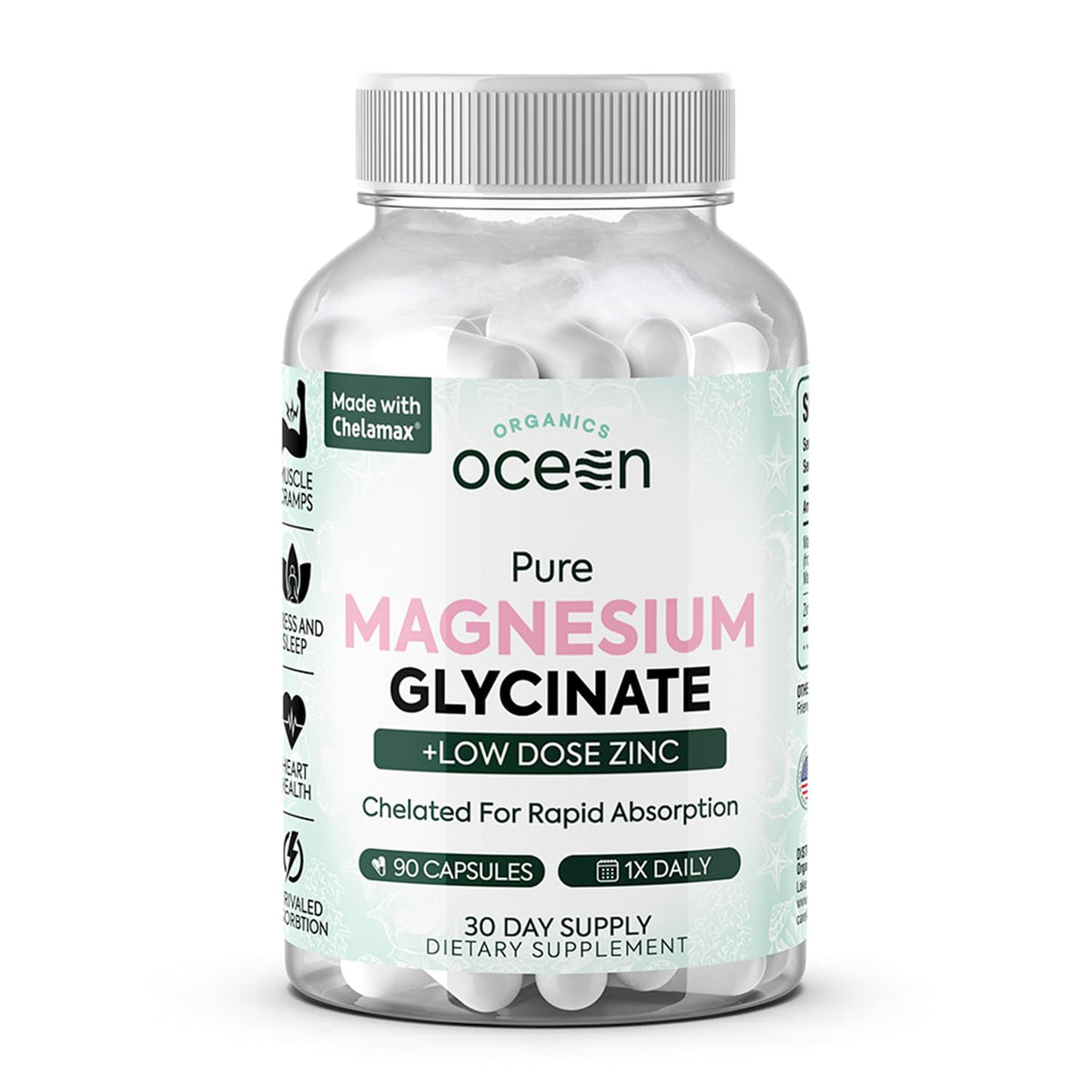 Organics Ocean Pure Magnesium Glycinate with Zinc - Maximum Strength Chelated Magnesium Supplement for Women and Men - FENGGESTORE20