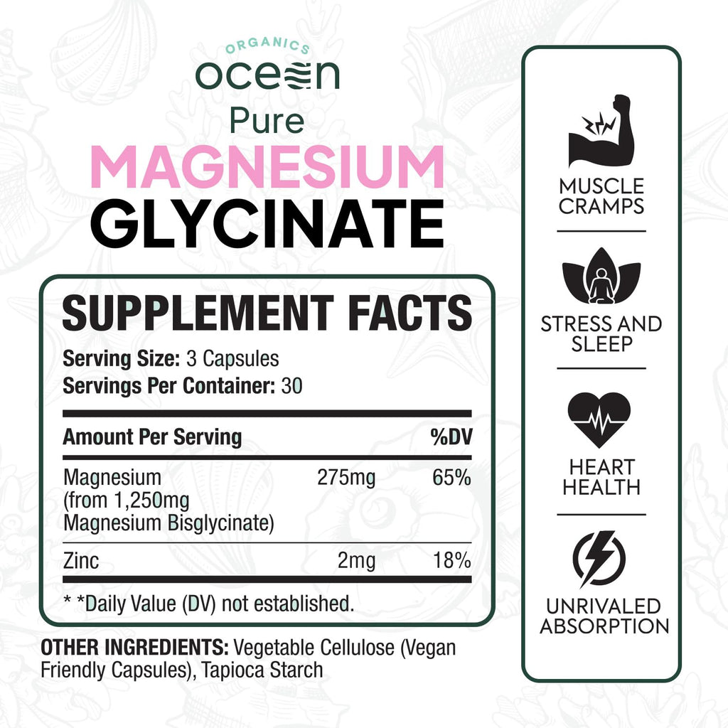Organics Ocean Pure Magnesium Glycinate with Zinc - Maximum Strength Chelated Magnesium Supplement for Women and Men - FENGGESTORE20