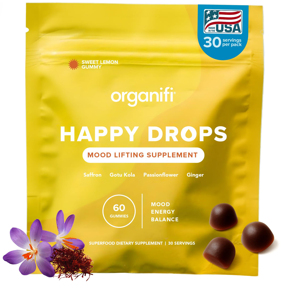 Organifi Happy Drops - Daily Superfood Happy Gummies for Adults - Mood Support Supplement for Balance, Bliss, Energy and Taking the Edge Off - Sweet Lemon Flavor - 60 Gummies - FENGGESTORE20