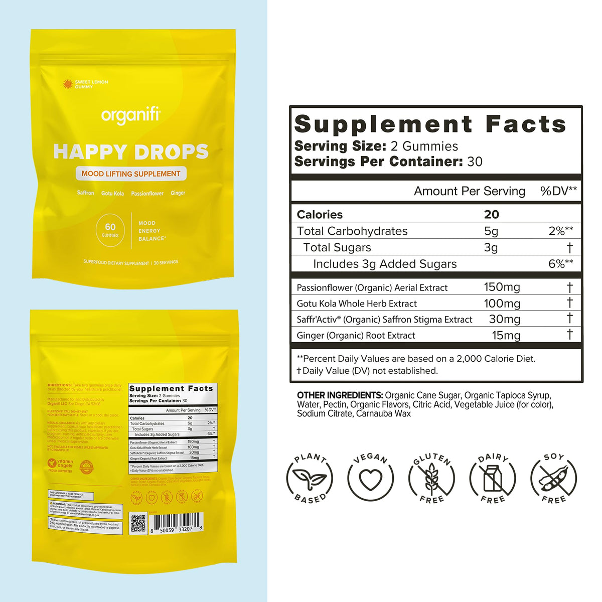 Organifi Happy Drops - Daily Superfood Happy Gummies for Adults - Mood Support Supplement for Balance, Bliss, Energy and Taking the Edge Off - Sweet Lemon Flavor - 60 Gummies - FENGGESTORE20