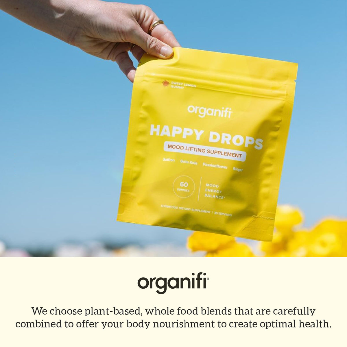 Organifi Happy Drops - Daily Superfood Happy Gummies for Adults - Mood Support Supplement for Balance, Bliss, Energy and Taking the Edge Off - Sweet Lemon Flavor - 60 Gummies - FENGGESTORE20