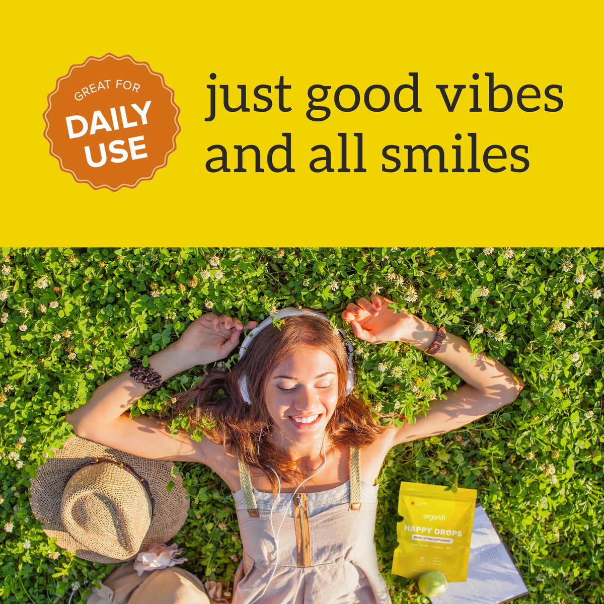 Organifi Happy Drops - Daily Superfood Happy Gummies for Adults - Mood Support Supplement for Balance, Bliss, Energy and Taking the Edge Off - Sweet Lemon Flavor - 60 Gummies - FENGGESTORE20