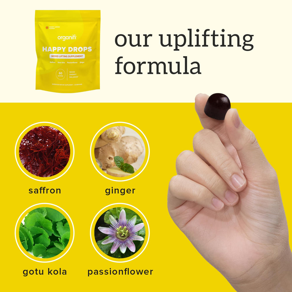 Organifi Happy Drops - Daily Superfood Happy Gummies for Adults - Mood Support Supplement for Balance, Bliss, Energy and Taking the Edge Off - Sweet Lemon Flavor - 60 Gummies - FENGGESTORE20