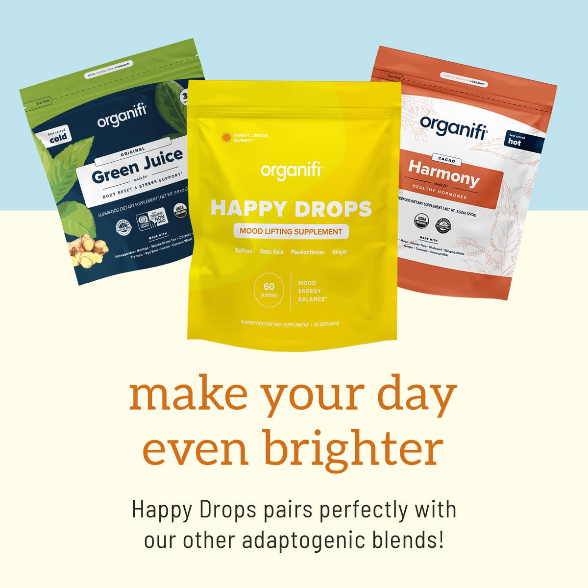 Organifi Happy Drops - Daily Superfood Happy Gummies for Adults - Mood Support Supplement for Balance, Bliss, Energy and Taking the Edge Off - Sweet Lemon Flavor - 60 Gummies - FENGGESTORE20