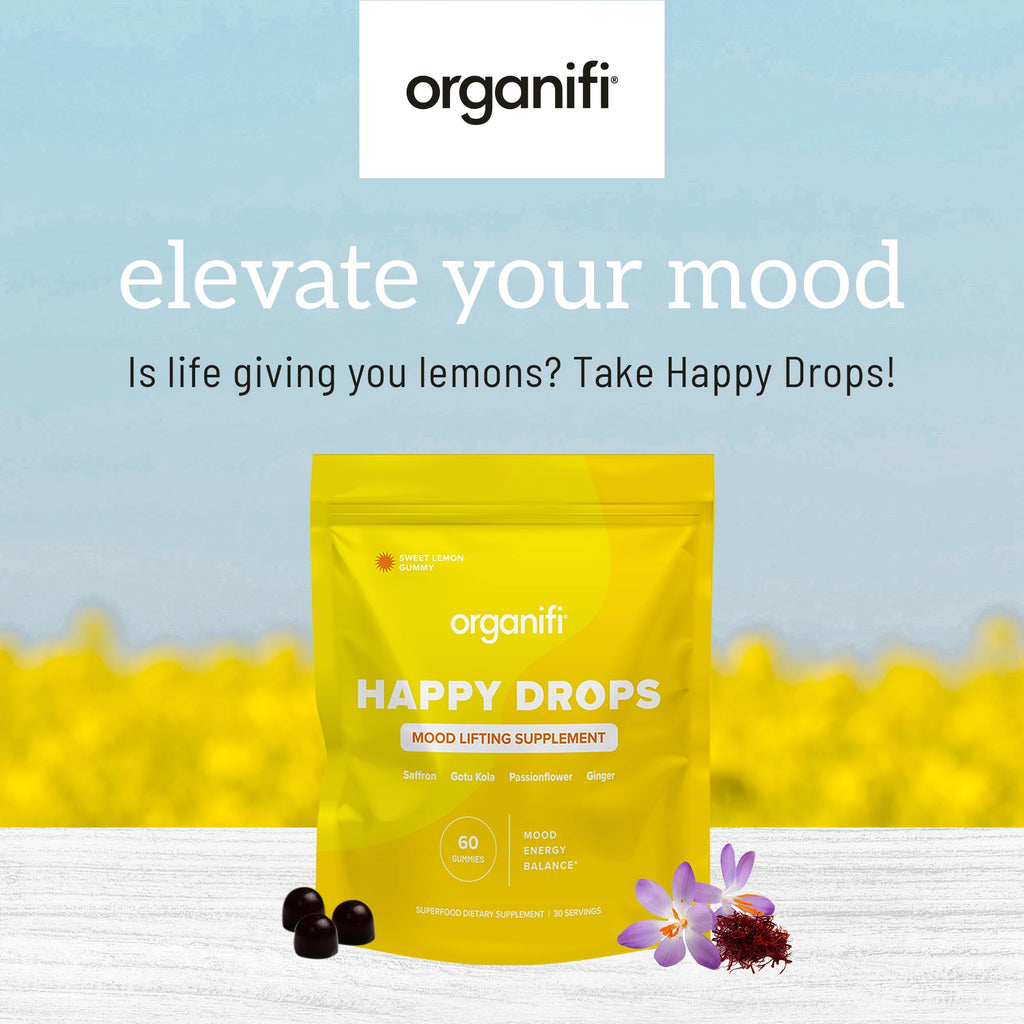 Organifi Happy Drops - Daily Superfood Happy Gummies for Adults - Mood Support Supplement for Balance, Bliss, Energy and Taking the Edge Off - Sweet Lemon Flavor - 60 Gummies - FENGGESTORE20
