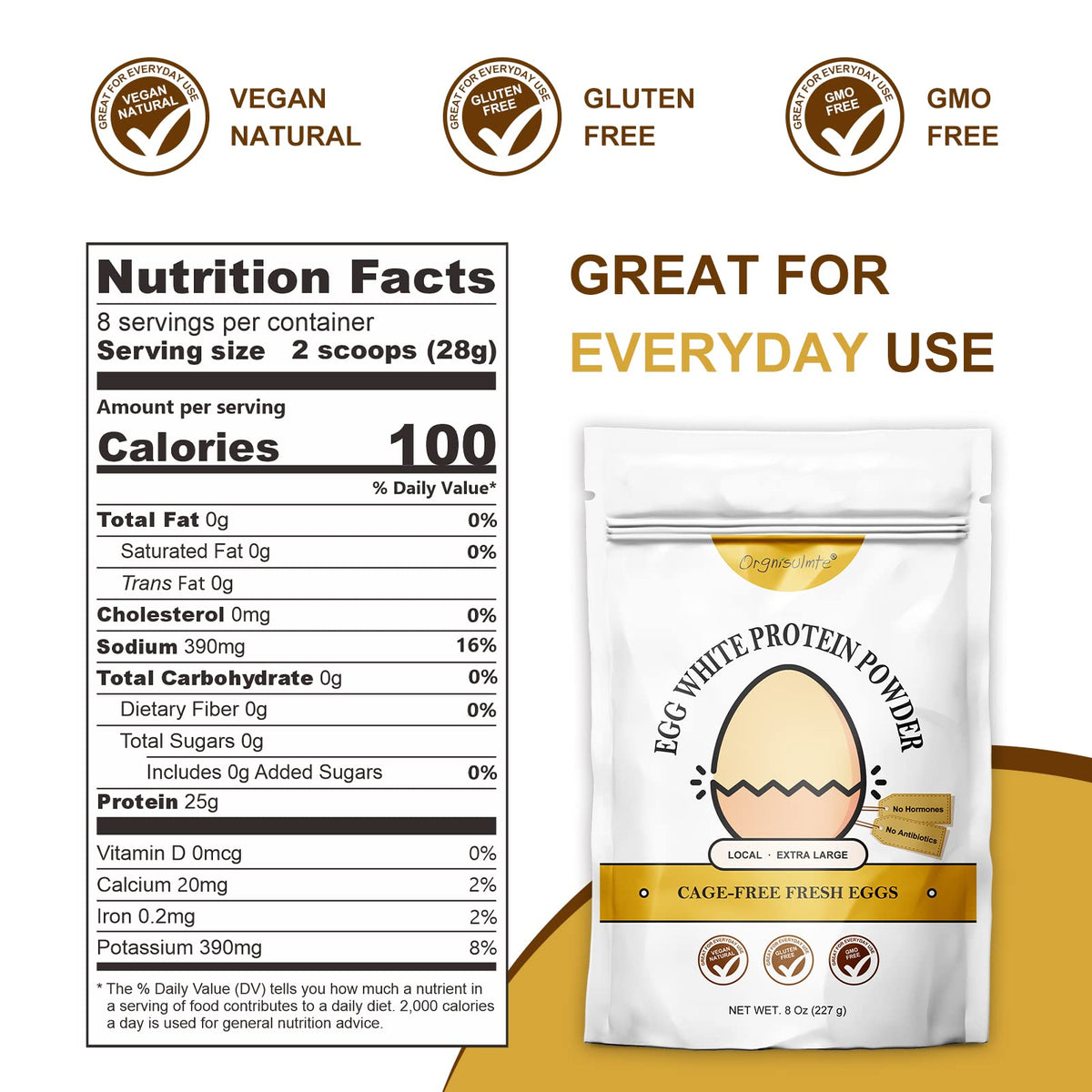 Orgnisulmte Egg White Protein Powder 8 Oz, Pasteurized Dried Egg Whites Protein, Gluten-Free, Non-GMO, Unflavored, Free Range High Whip for Baking, Desserts 227g - FENGGESTORE20