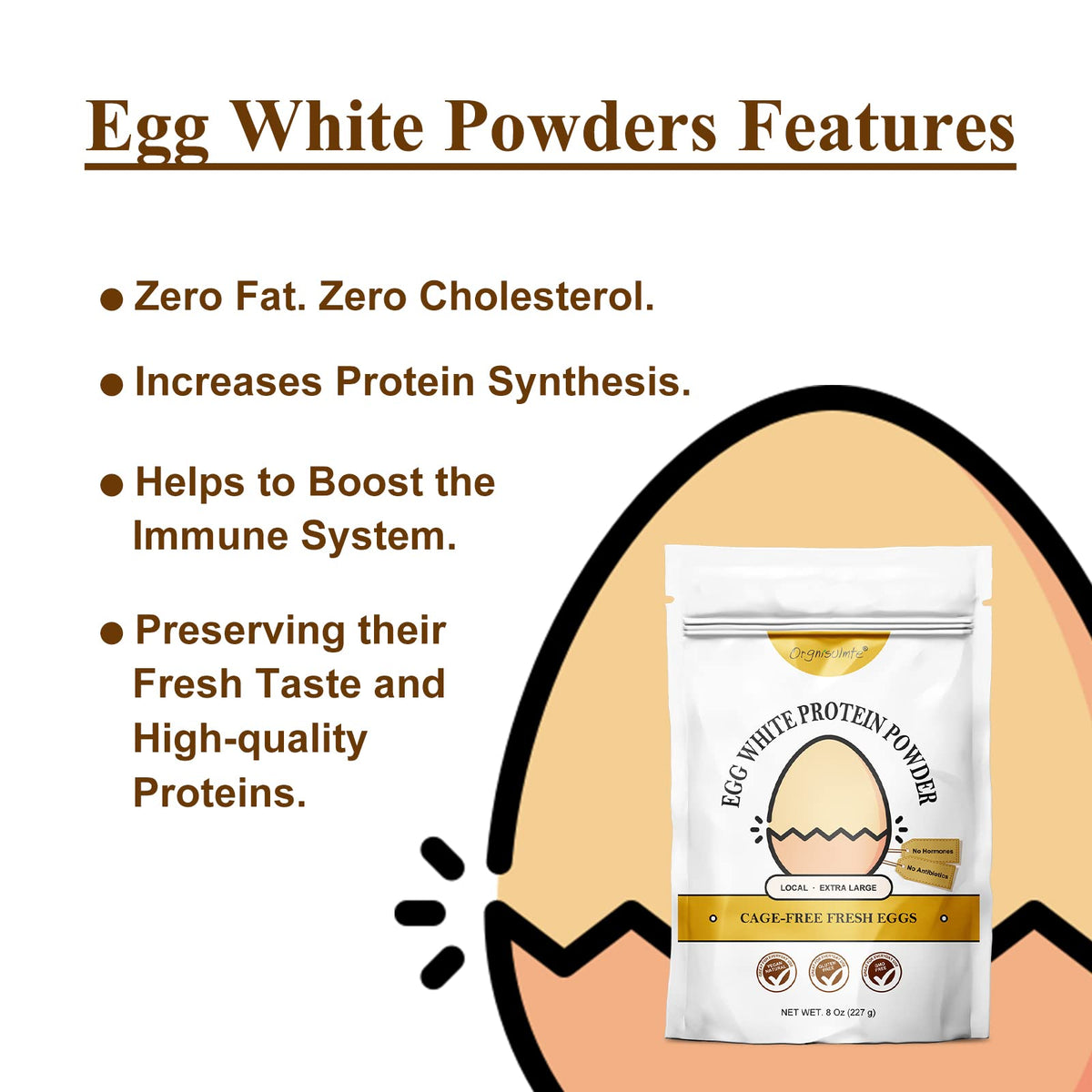 Orgnisulmte Egg White Protein Powder 8 Oz, Pasteurized Dried Egg Whites Protein, Gluten-Free, Non-GMO, Unflavored, Free Range High Whip for Baking, Desserts 227g - FENGGESTORE20