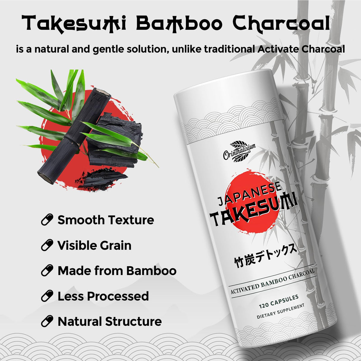 Orinthalixium Takesumi Activated Charcoal 2000mg – Activated Charcoal from Bamboo for Max Absorption, Detox & Gut, 120 Vegan Capsules - FENGGESTORE20