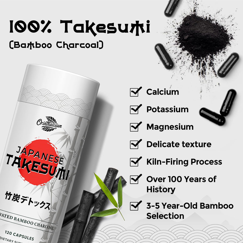 Orinthalixium Takesumi Activated Charcoal 2000mg – Activated Charcoal from Bamboo for Max Absorption, Detox & Gut, 120 Vegan Capsules - FENGGESTORE20