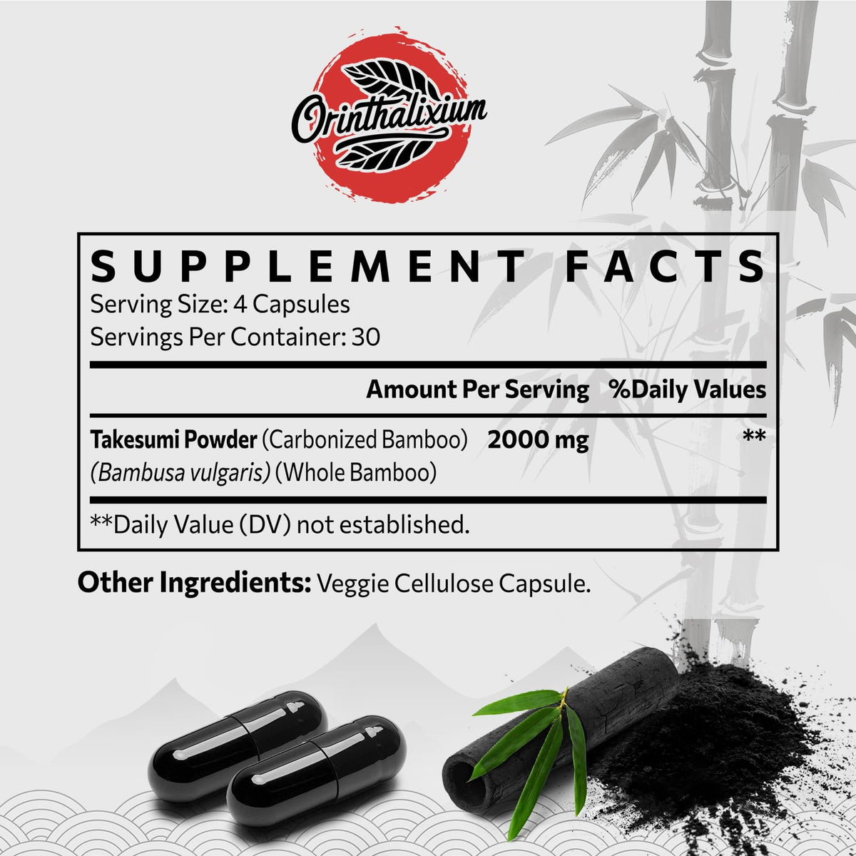 Orinthalixium Takesumi Activated Charcoal 2000mg – Activated Charcoal from Bamboo for Max Absorption, Detox & Gut, 120 Vegan Capsules - FENGGESTORE20
