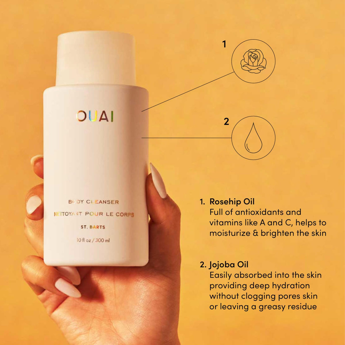 OUAI Body Cleanser, St. Barts - Foaming Body Wash with Jojoba Oil and Rosehip Oil to Hydrate, Nurture, Balance and Soften Skin - Paraben - FENGGESTORE20