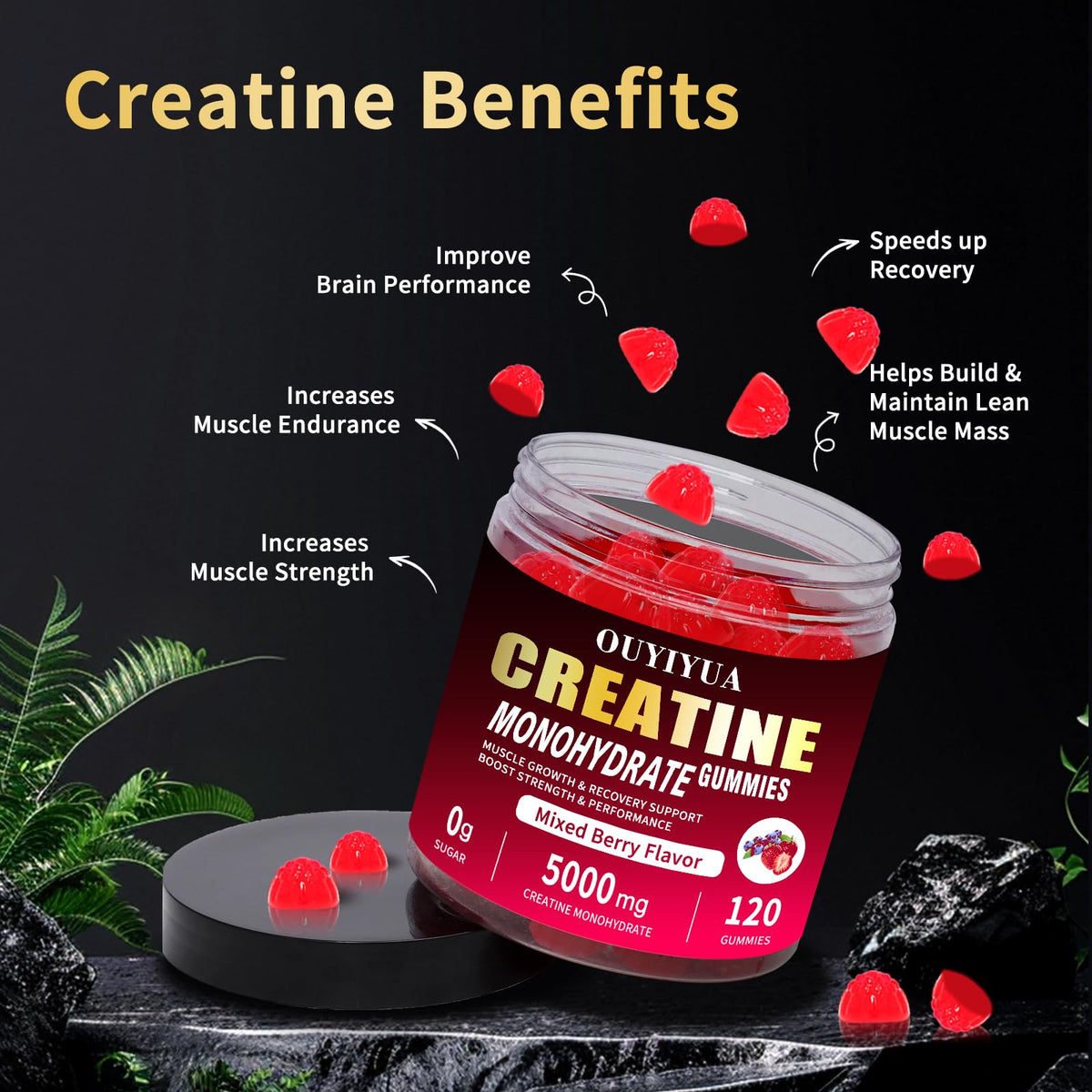 OUYIYUA Creatine Monohydrate Gummies 5000mg for Men & Women - Sugar Free Pre-Workout Supplement, Chewables for Muscle Strength, Muscle Builder - FENGGESTORE20