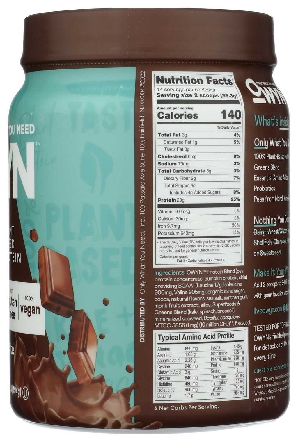OWYN Only What You Need Plant-Based Protein Powder, Dark Chocolate, 1.17 lbs - FENGGESTORE20