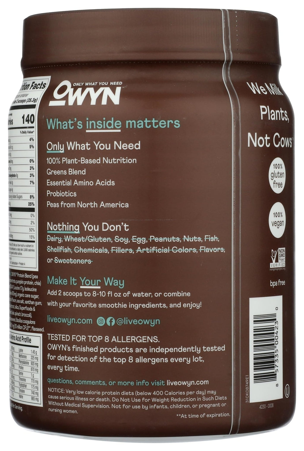 OWYN Only What You Need Plant-Based Protein Powder, Dark Chocolate, 1.17 lbs - FENGGESTORE20