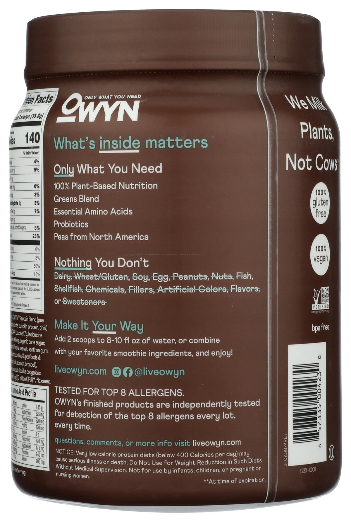 OWYN Only What You Need Plant-Based Protein Powder, Dark Chocolate, 1.17 lbs - FENGGESTORE20