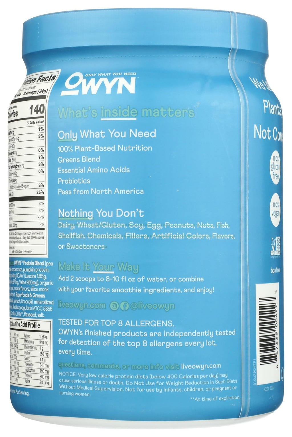 OWYN Only What You Need Plant-Based Protein Powder, Smooth Vanilla, 1.05 lbs - FENGGESTORE20