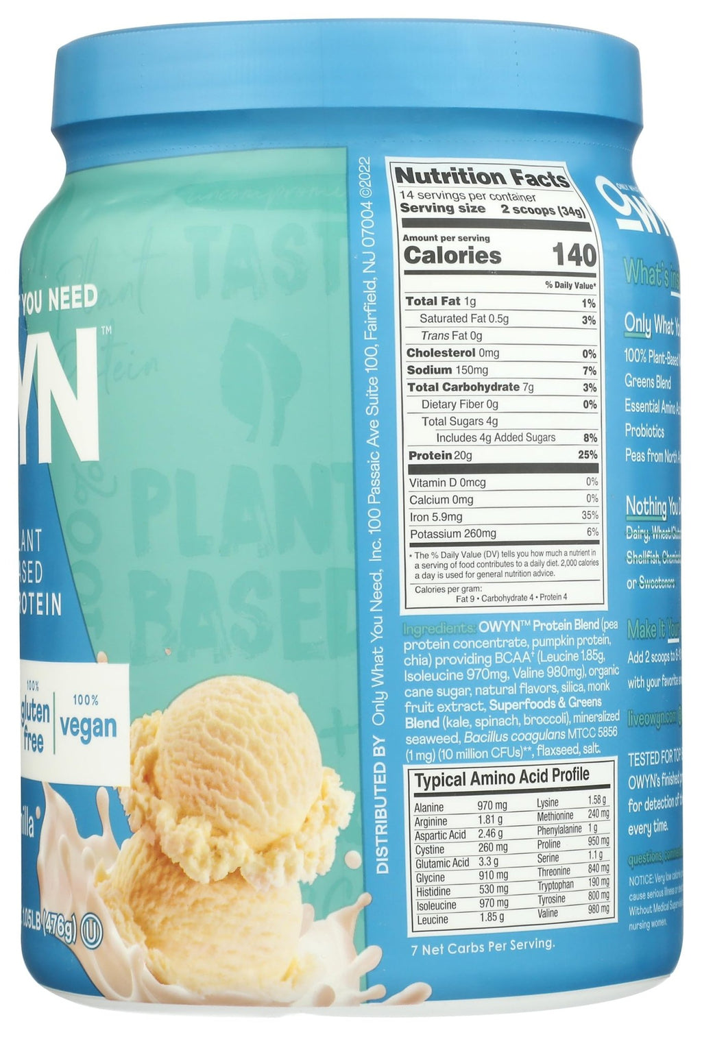 OWYN Only What You Need Plant-Based Protein Powder, Smooth Vanilla, 1.05 lbs - FENGGESTORE20