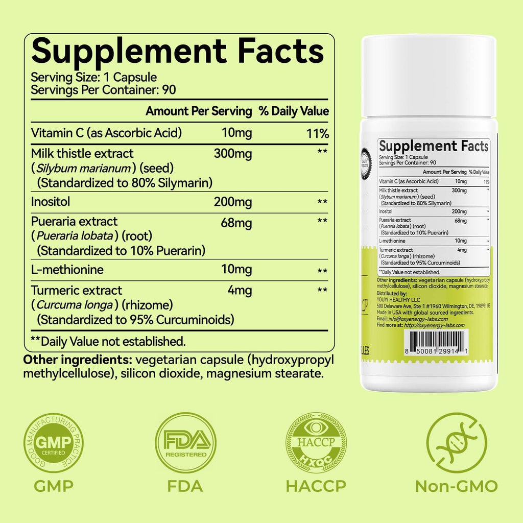OxyEnergy Silymarin Milk Thistle 300mg Extract with Vitamin C, Inositol & Pueraria, Liver Detox & Repair Support, Antioxidant Support - FENGGESTORE20