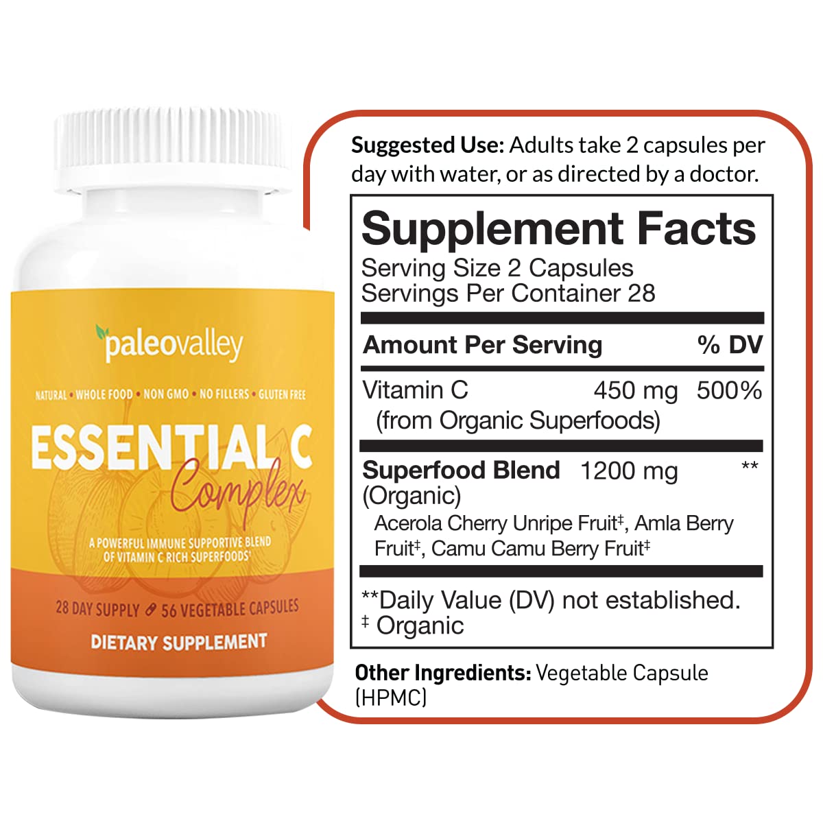 Paleovalley Essential C Complex - Vitamin C Supplement for Immune Support - 1 Pack, 450mg - Organic Superfoods Unripe Acerola Cherry, Camu Camu, Amla Berry - FENGGESTORE20