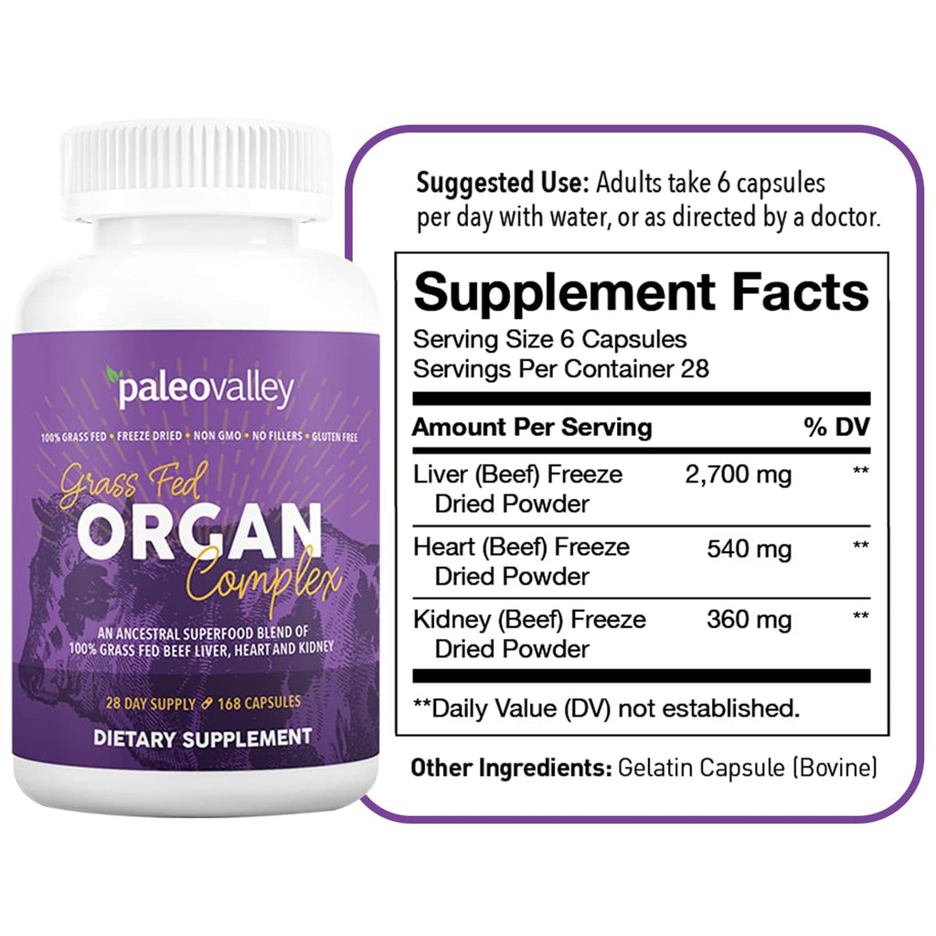 Paleovalley Grass Fed Beef Organ Complex - Freeze-Dried Beef Liver, Heart, and Kidney Blend, 1 Bottle - FENGGESTORE20