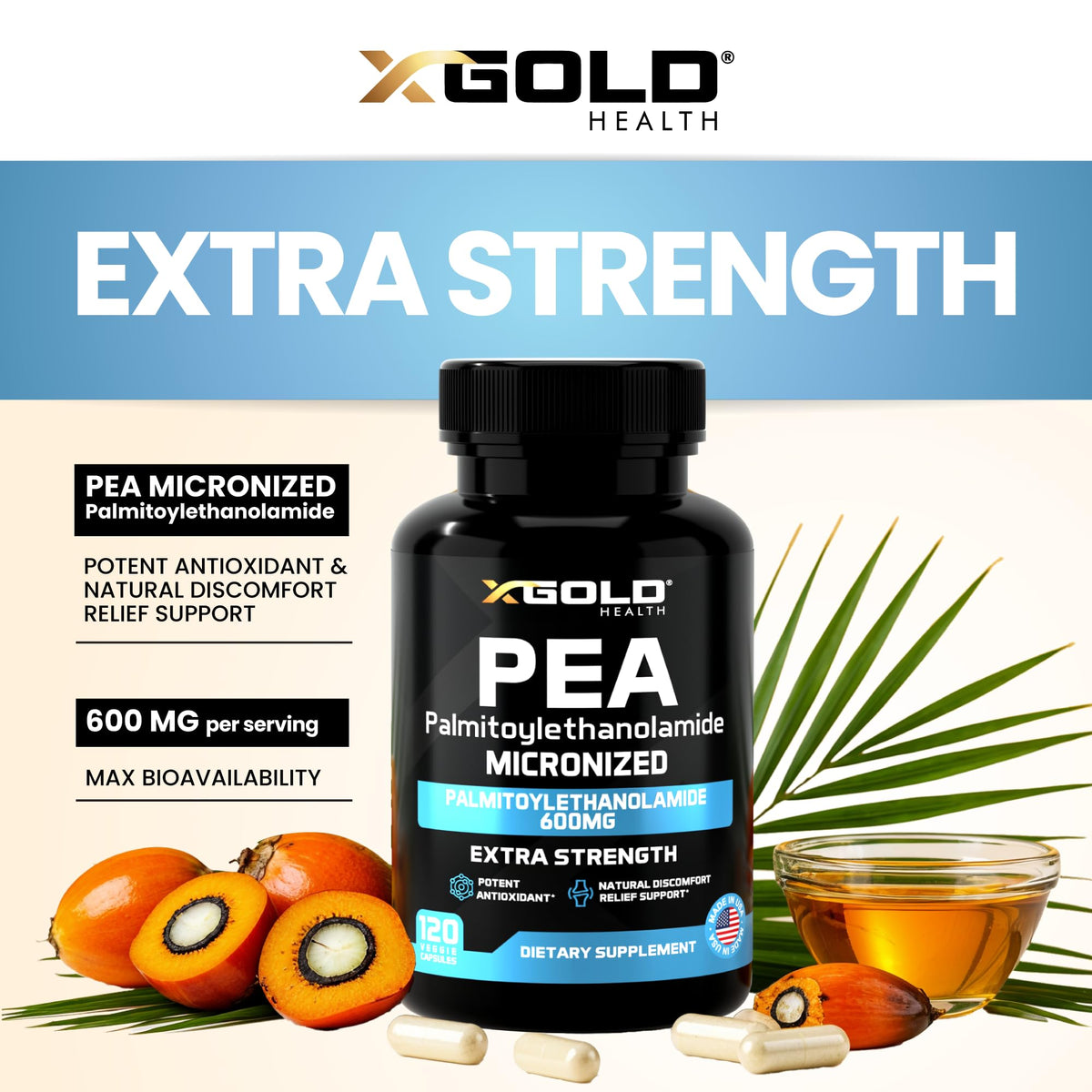 Palmitoylethanolamide Pea Supplement 600 mg | Micronized Pea 99% Highly Purified and Bioavailable | Made in USA | Supplement for Men and Women - 120 Capsules - FENGGESTORE20