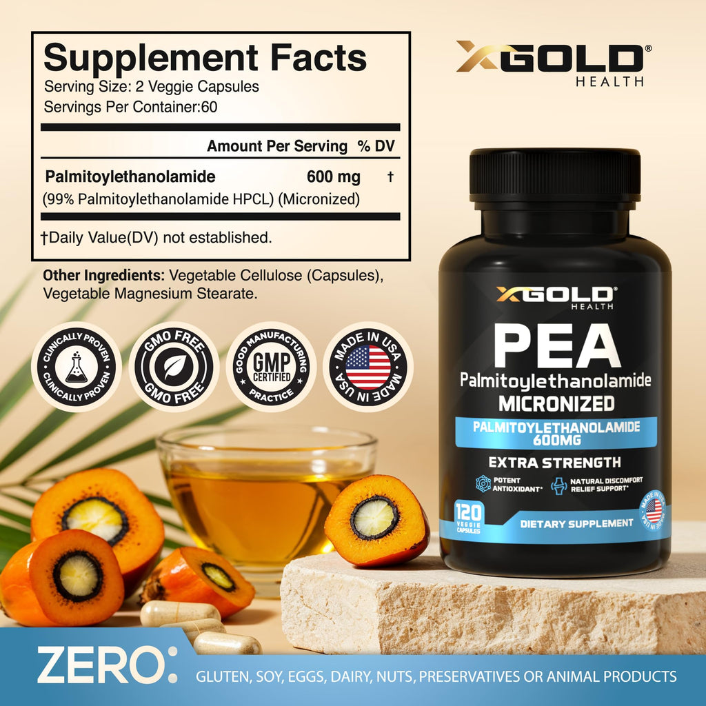 Palmitoylethanolamide Pea Supplement 600 mg | Micronized Pea 99% Highly Purified and Bioavailable | Made in USA | Supplement for Men and Women - 120 Capsules - FENGGESTORE20