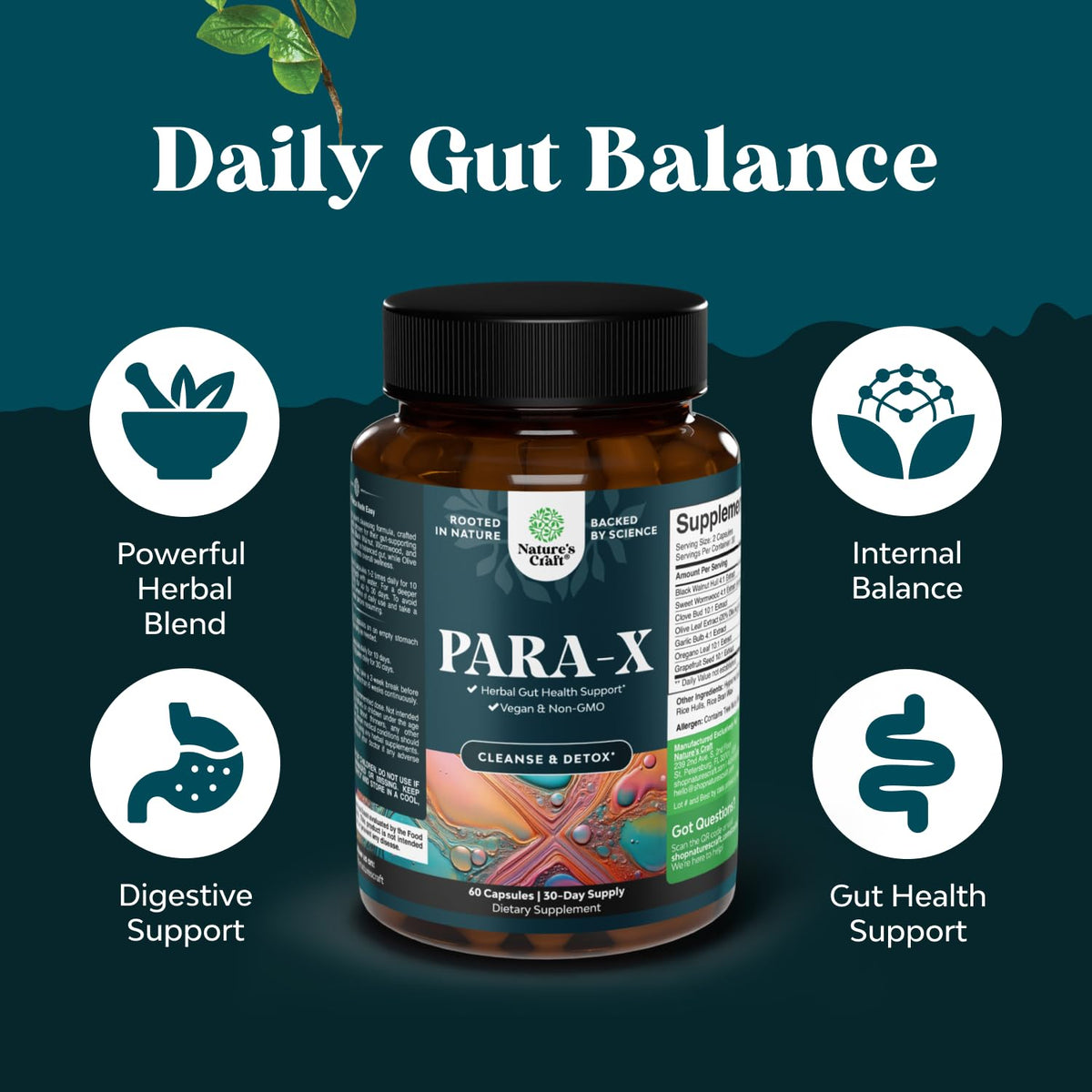 PARA-X Herbal Gut Health Supplement - Immune Support with Black Walnut Wormwood & Cloves - Supports Digestive Health & Gut Health for Women & Men - FENGGESTORE20