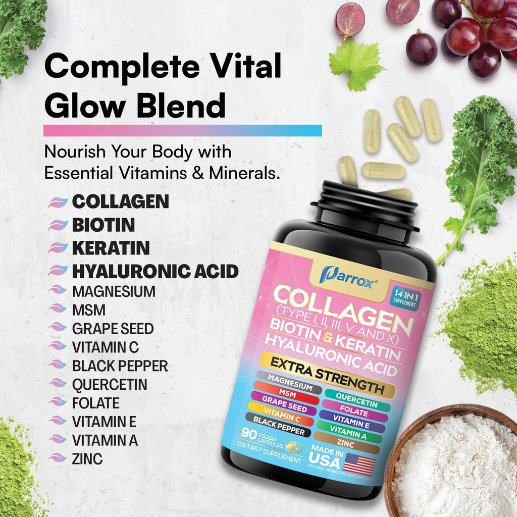 Parrox Collagen Peptides Types I, II, III, V & X, MCG Biotin, Keratin, Hyaluronic Acid, MSM, Zinc, Grape Seed Extract, Quercetin, Vitamin A, Vitamin C, Vitamin E, Magnesium, Folic Acid (90 Capsules) - FENGGESTORE20