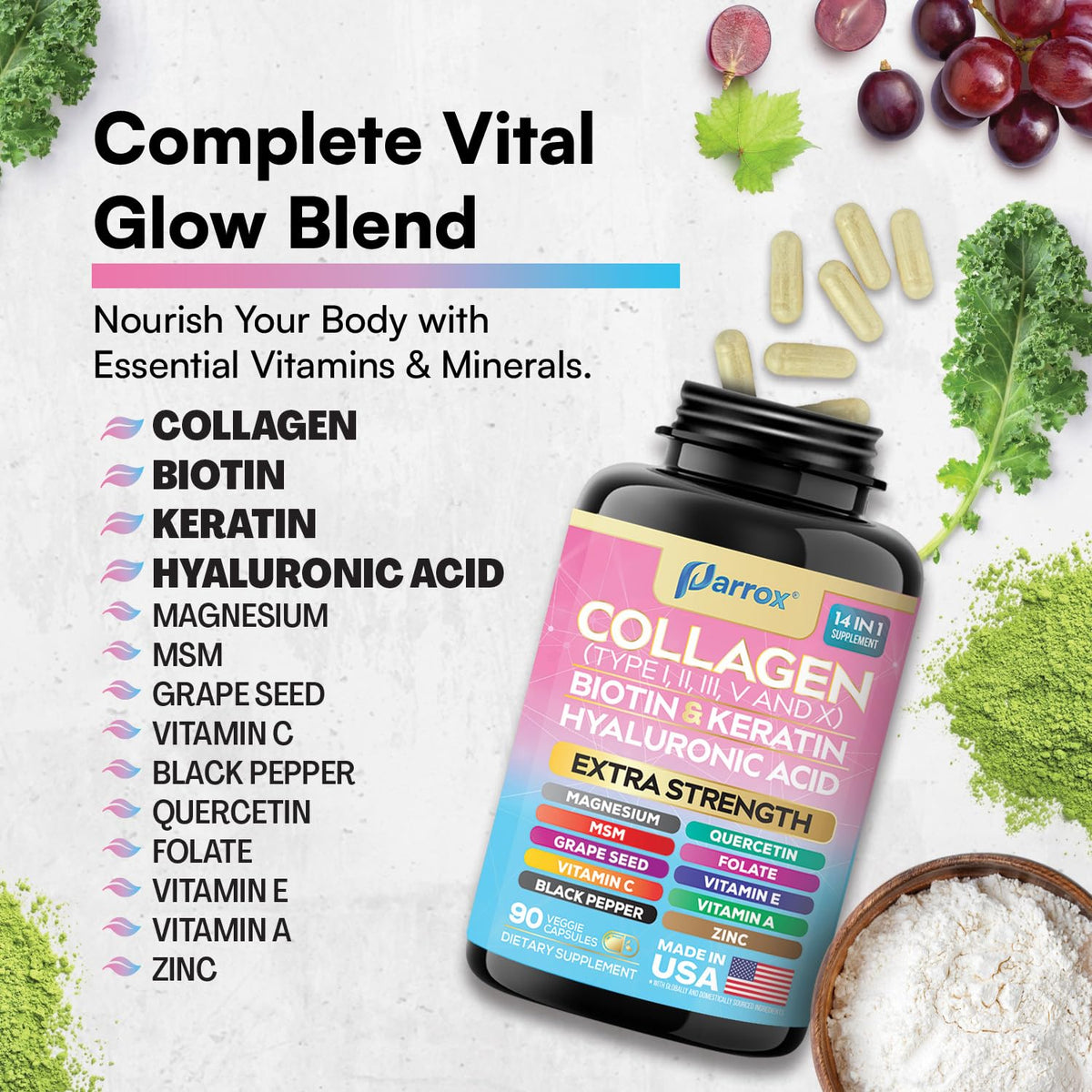 Parrox Collagen Peptides Types I, II, III, V & X, MCG Biotin, Keratin, Hyaluronic Acid, MSM, Zinc, Grape Seed Extract, Quercetin, Vitamin A, Vitamin C, Vitamin E, Magnesium, Folic Acid (90 Capsules) - FENGGESTORE20