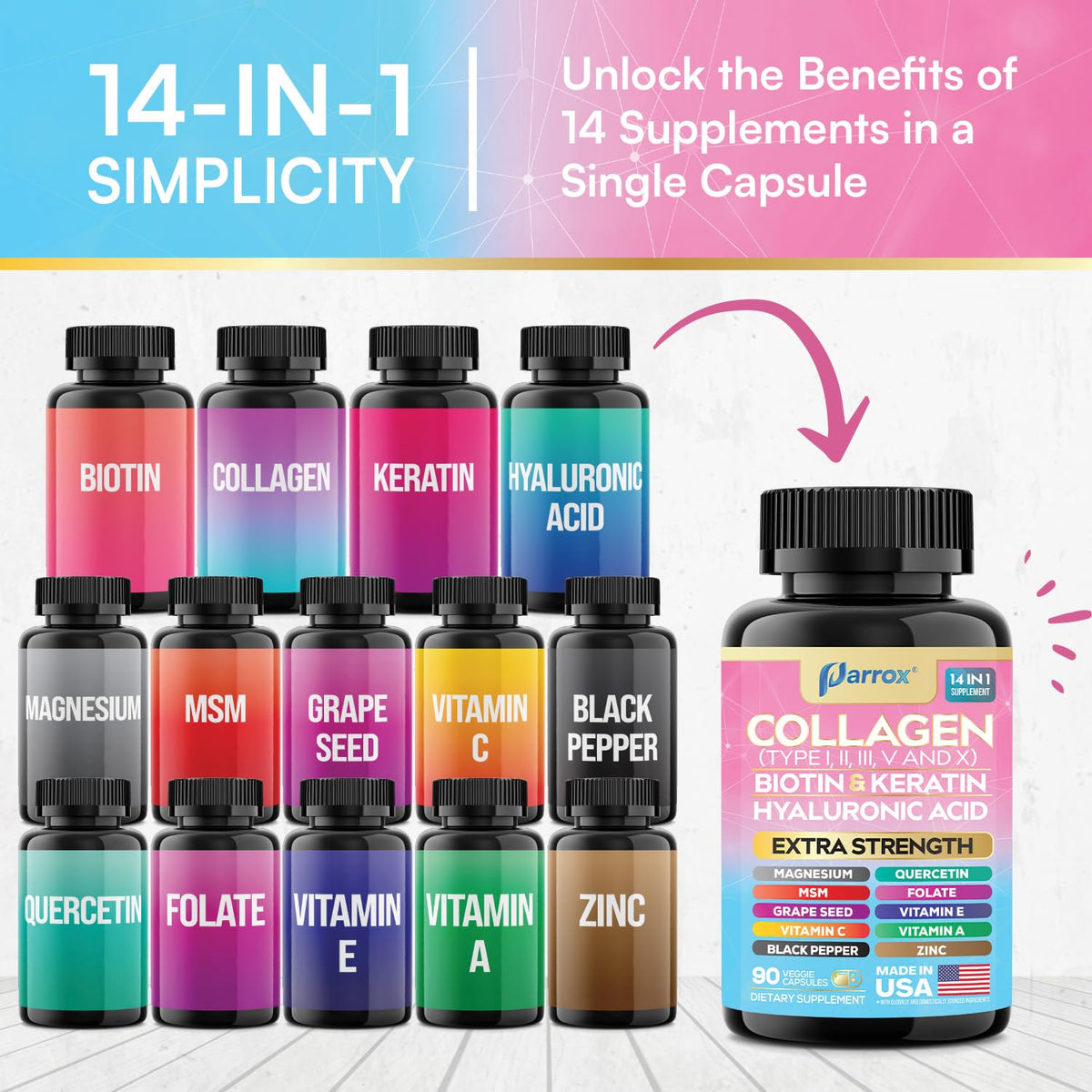 Parrox Collagen Peptides Types I, II, III, V & X, MCG Biotin, Keratin, Hyaluronic Acid, MSM, Zinc, Grape Seed Extract, Quercetin, Vitamin A, Vitamin C, Vitamin E, Magnesium, Folic Acid (90 Capsules) - FENGGESTORE20