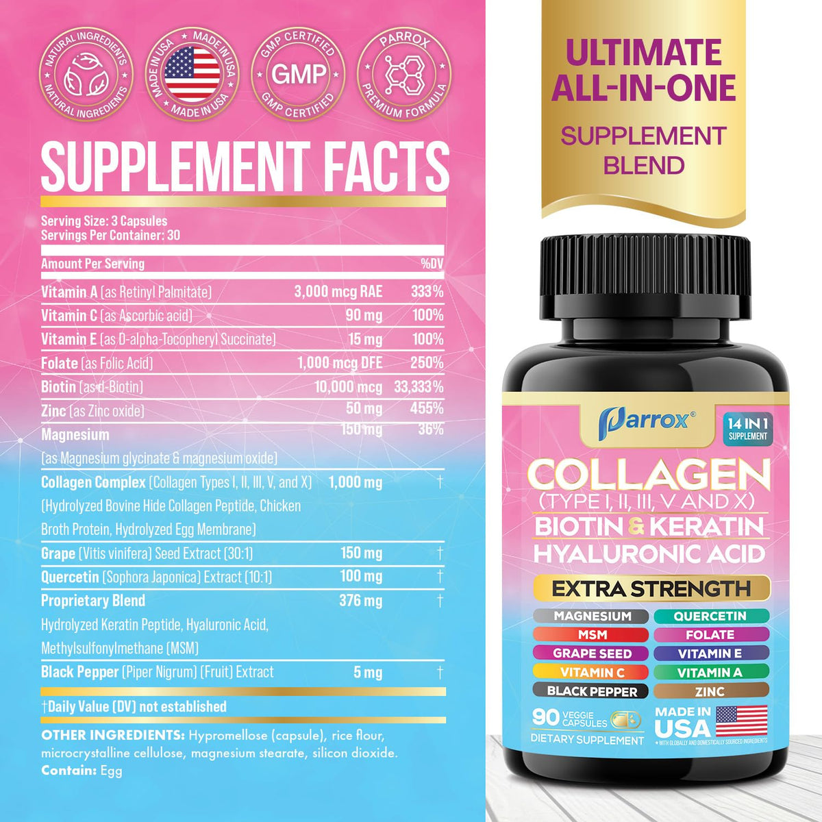 Parrox Collagen Peptides Types I, II, III, V & X, MCG Biotin, Keratin, Hyaluronic Acid, MSM, Zinc, Grape Seed Extract, Quercetin, Vitamin A, Vitamin C, Vitamin E, Magnesium, Folic Acid (90 Capsules) - FENGGESTORE20