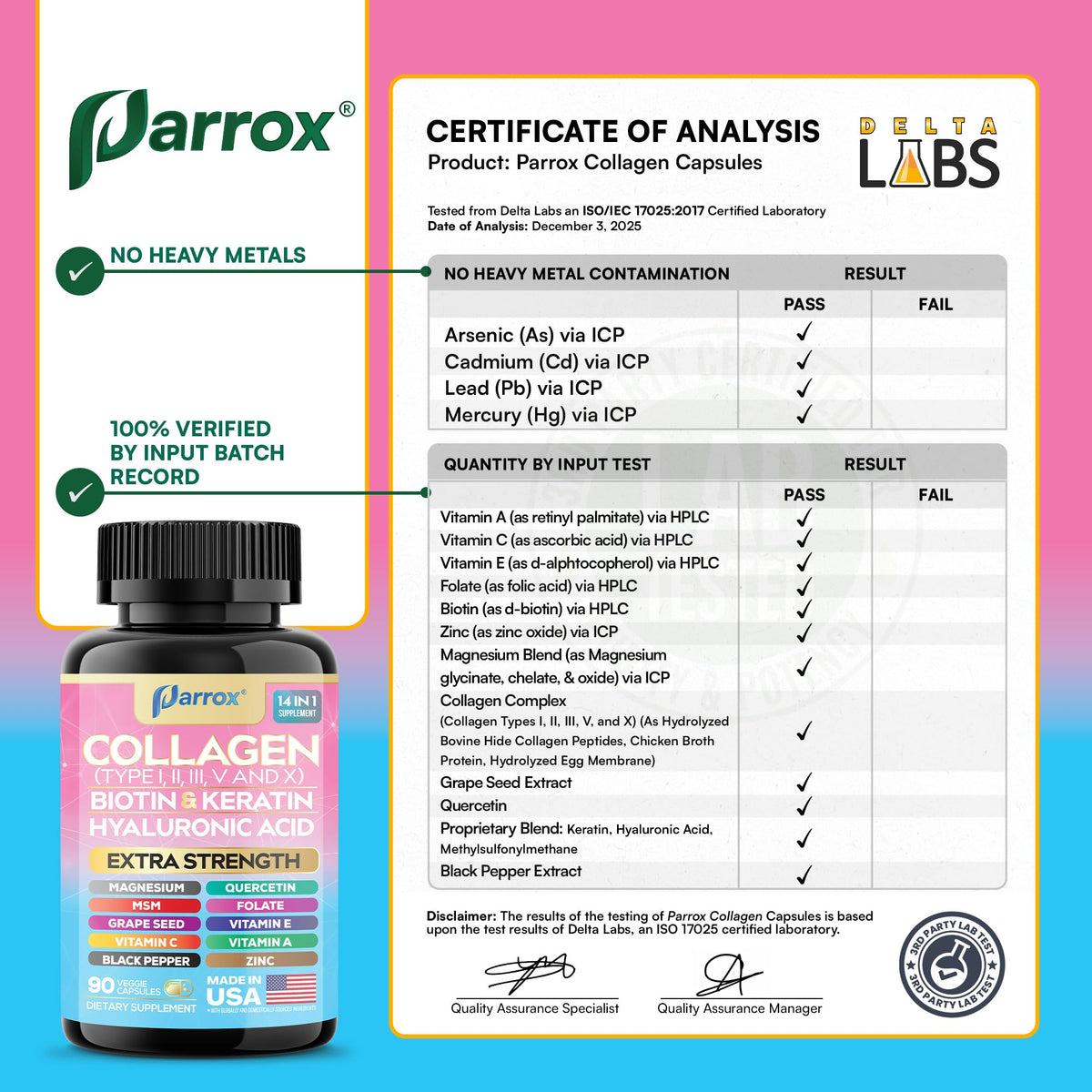 Parrox Collagen Peptides Types I, II, III, V & X, MCG Biotin, Keratin, Hyaluronic Acid, MSM, Zinc, Grape Seed Extract, Quercetin, Vitamin A, Vitamin C, Vitamin E, Magnesium, Folic Acid (90 Capsules) - FENGGESTORE20