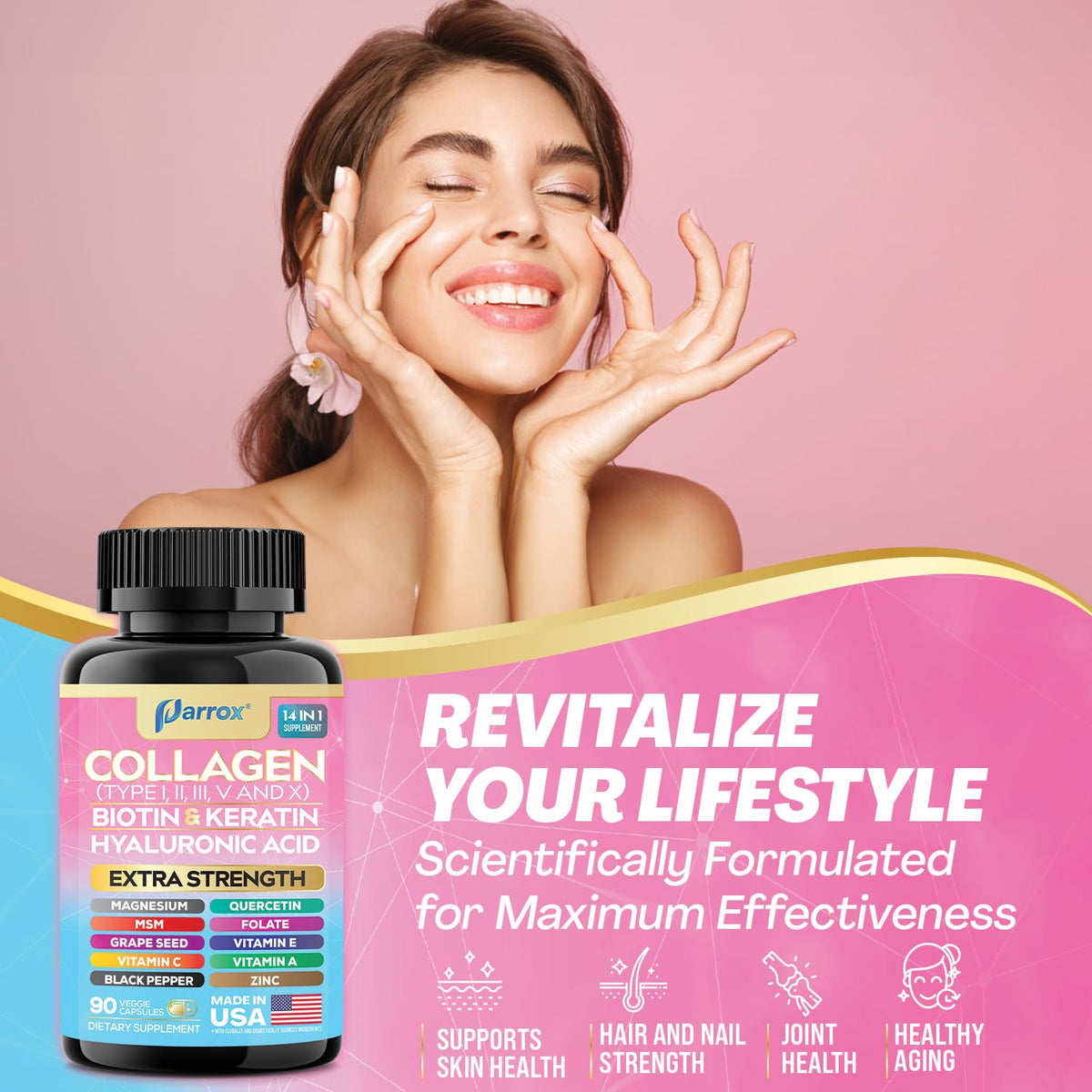 Parrox Collagen Peptides Types I, II, III, V & X, MCG Biotin, Keratin, Hyaluronic Acid, MSM, Zinc, Grape Seed Extract, Quercetin, Vitamin A, Vitamin C, Vitamin E, Magnesium, Folic Acid (90 Capsules) - FENGGESTORE20