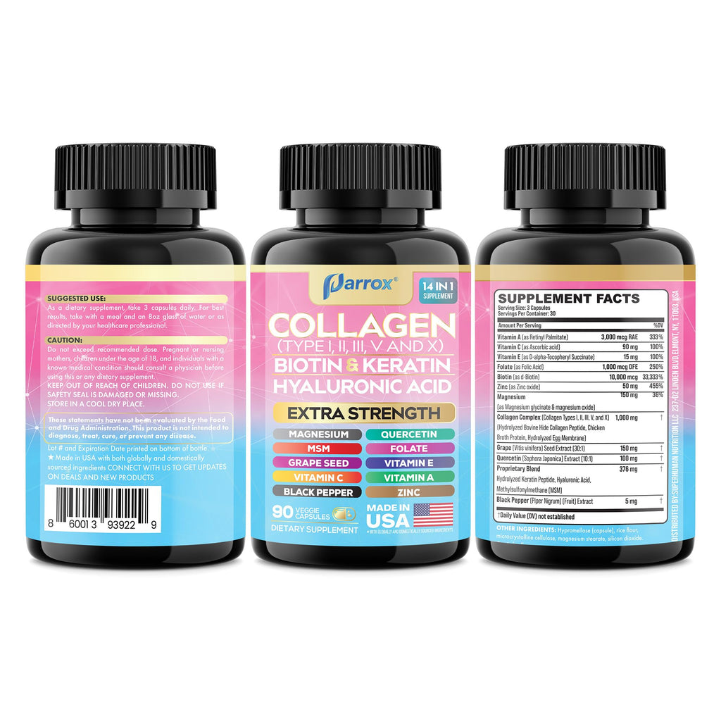 Parrox Collagen Peptides Types I, II, III, V & X, MCG Biotin, Keratin, Hyaluronic Acid, MSM, Zinc, Grape Seed Extract, Quercetin, Vitamin A, Vitamin C, Vitamin E, Magnesium, Folic Acid (90 Capsules) - FENGGESTORE20