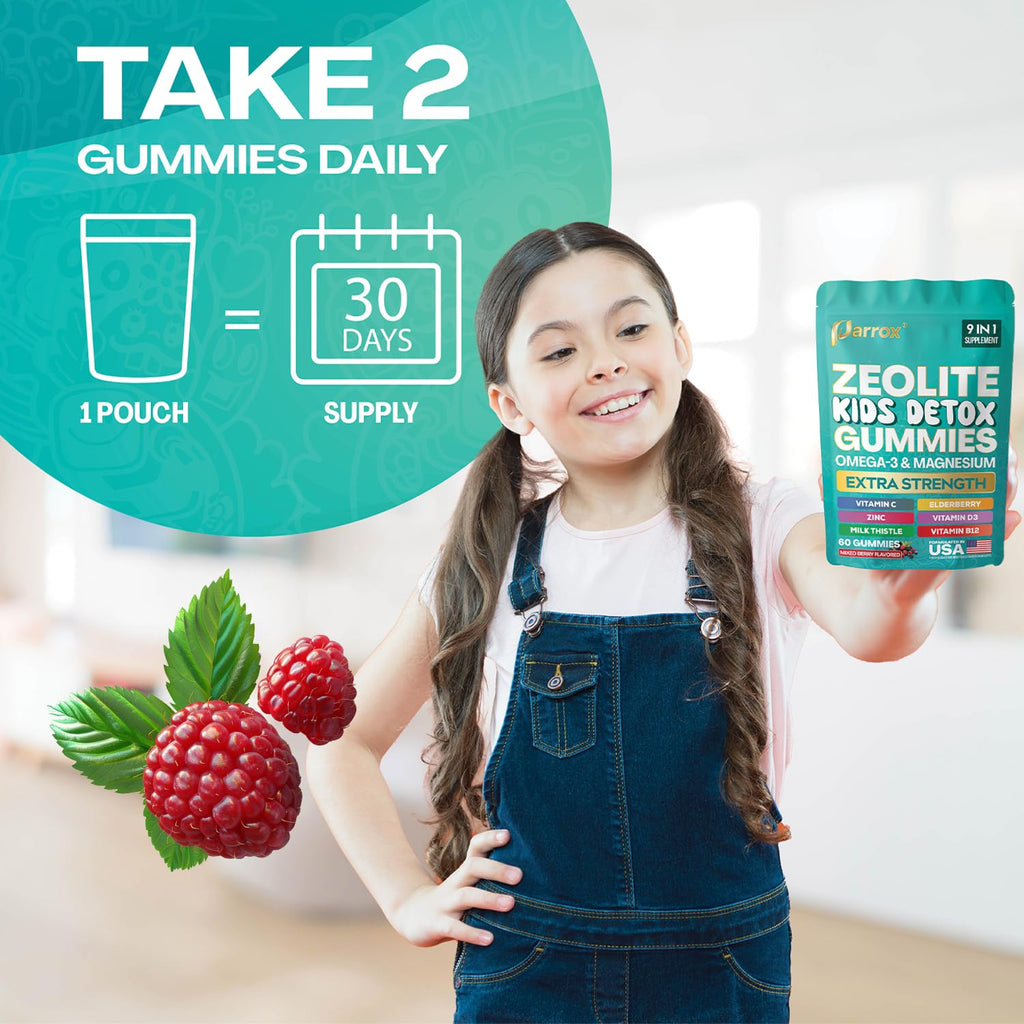 Parrox Zeolite Kids Gummies, 9-in-1 with Zeolite, Omega-3, Magnesium, Elderberry, Vitamin C, Milk Thistle, Vitamin D3, Zinc, B12 – Sugar-Free - FENGGESTORE20