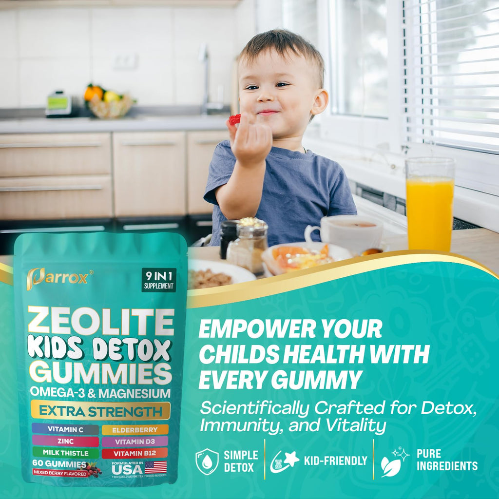Parrox Zeolite Kids Gummies, 9-in-1 with Zeolite, Omega-3, Magnesium, Elderberry, Vitamin C, Milk Thistle, Vitamin D3, Zinc, B12 – Sugar-Free - FENGGESTORE20