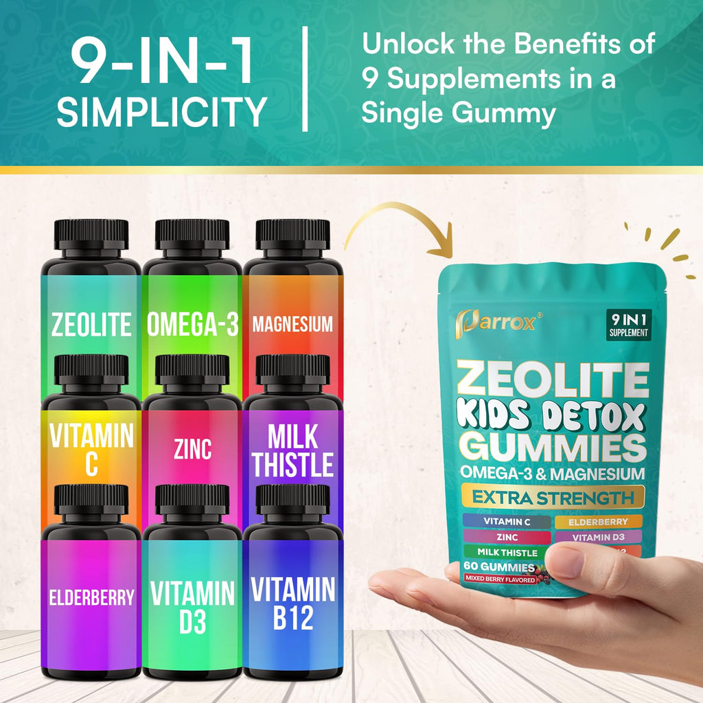 Parrox Zeolite Kids Gummies, 9-in-1 with Zeolite, Omega-3, Magnesium, Elderberry, Vitamin C, Milk Thistle, Vitamin D3, Zinc, B12 – Sugar-Free - FENGGESTORE20