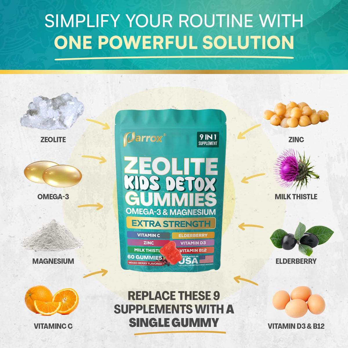 Parrox Zeolite Kids Gummies, 9-in-1 with Zeolite, Omega-3, Magnesium, Elderberry, Vitamin C, Milk Thistle, Vitamin D3, Zinc, B12 – Sugar-Free - FENGGESTORE20