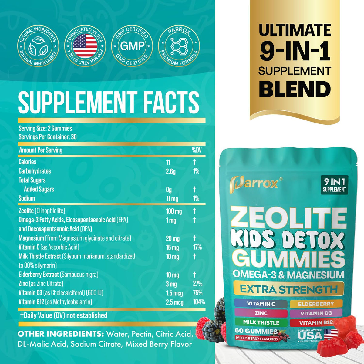 Parrox Zeolite Kids Gummies, 9-in-1 with Zeolite, Omega-3, Magnesium, Elderberry, Vitamin C, Milk Thistle, Vitamin D3, Zinc, B12 – Sugar-Free - FENGGESTORE20