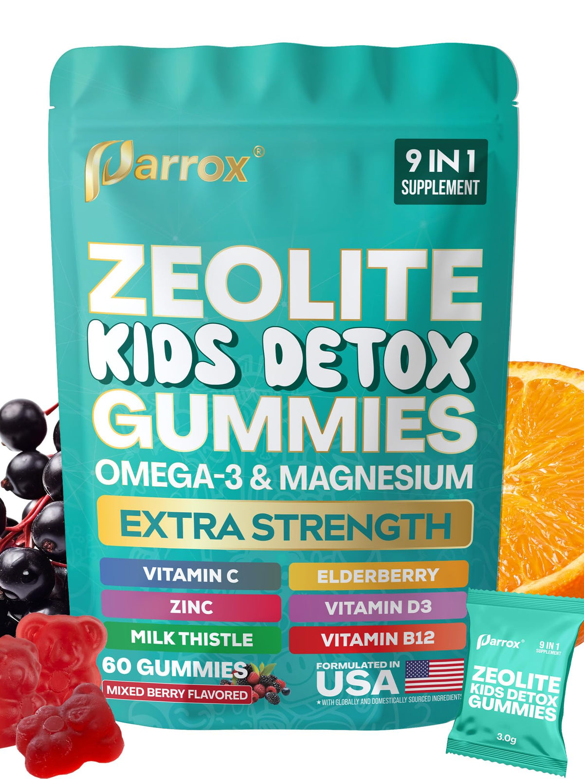 Parrox Zeolite Kids Gummies, 9-in-1 with Zeolite, Omega-3, Magnesium, Elderberry, Vitamin C, Milk Thistle, Vitamin D3, Zinc, B12 – Sugar-Free - FENGGESTORE20