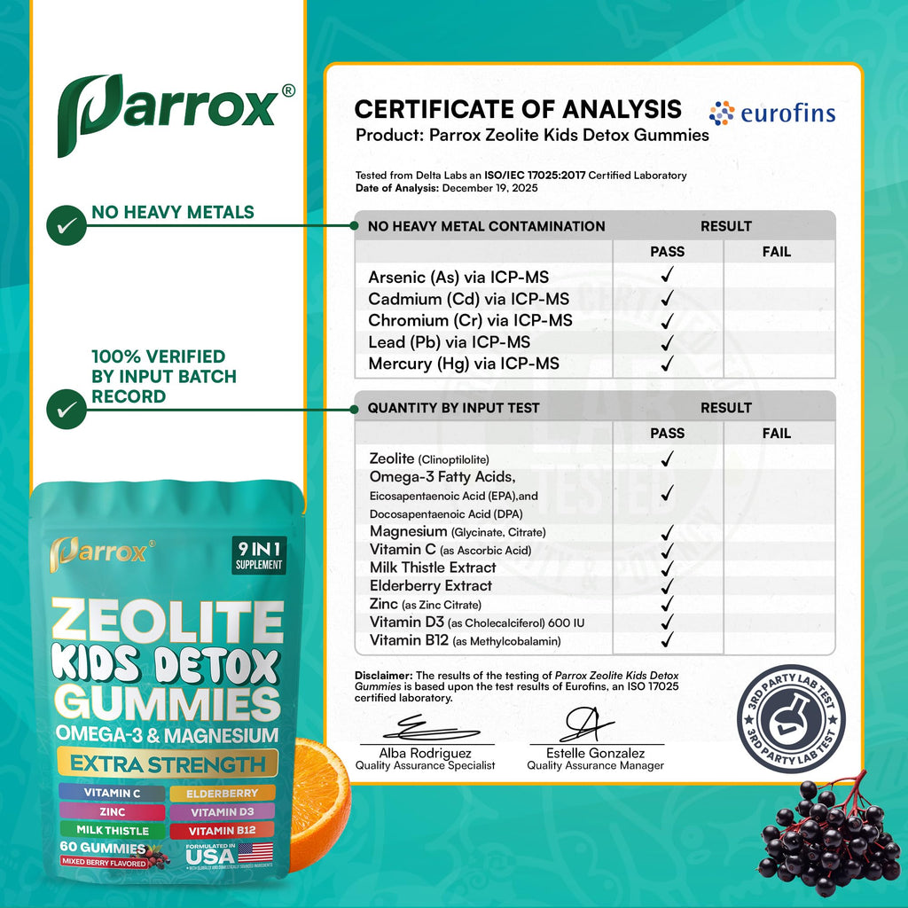 Parrox Zeolite Kids Gummies, 9-in-1 with Zeolite, Omega-3, Magnesium, Elderberry, Vitamin C, Milk Thistle, Vitamin D3, Zinc, B12 – Sugar-Free - FENGGESTORE20
