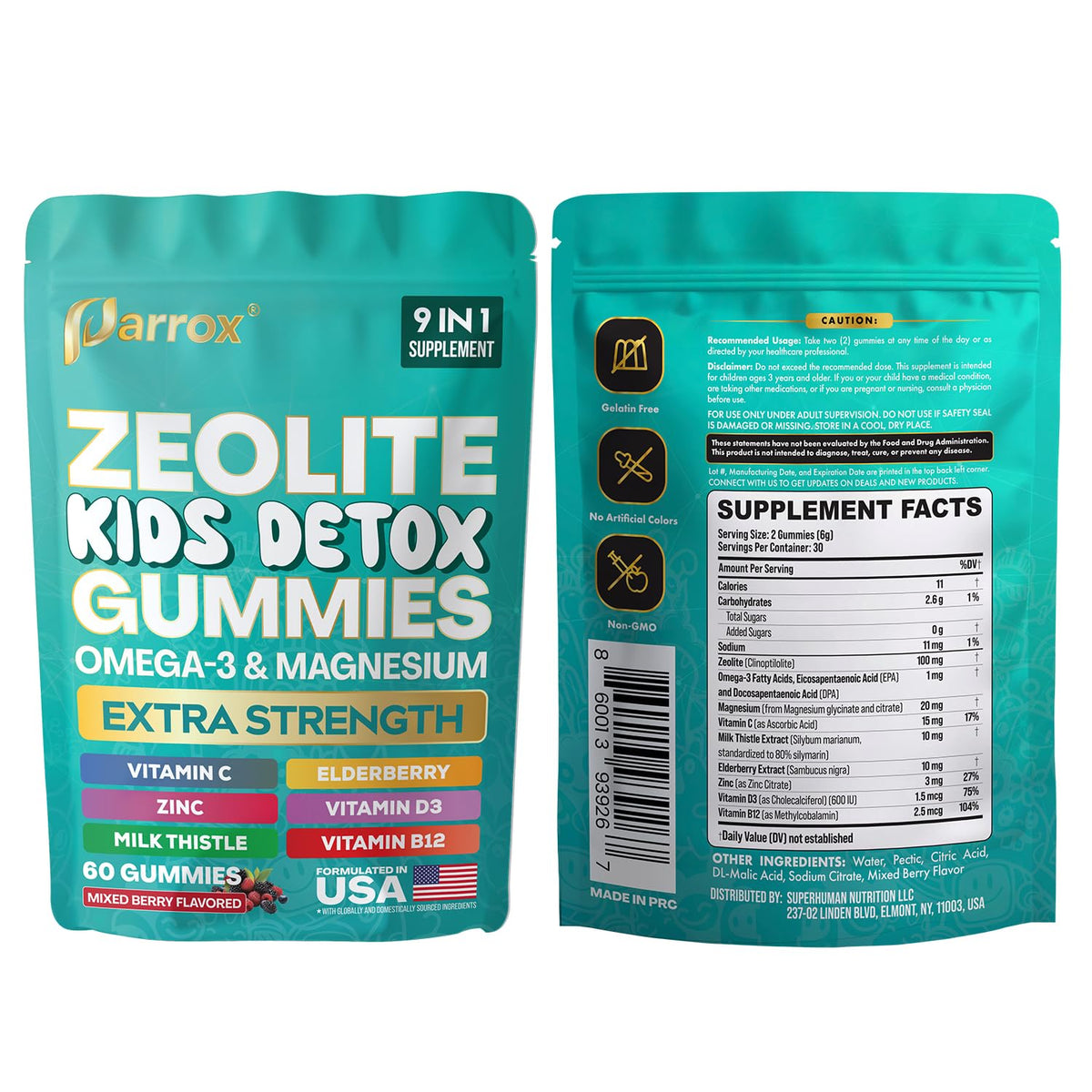 Parrox Zeolite Kids Gummies, 9-in-1 with Zeolite, Omega-3, Magnesium, Elderberry, Vitamin C, Milk Thistle, Vitamin D3, Zinc, B12 – Sugar-Free - FENGGESTORE20